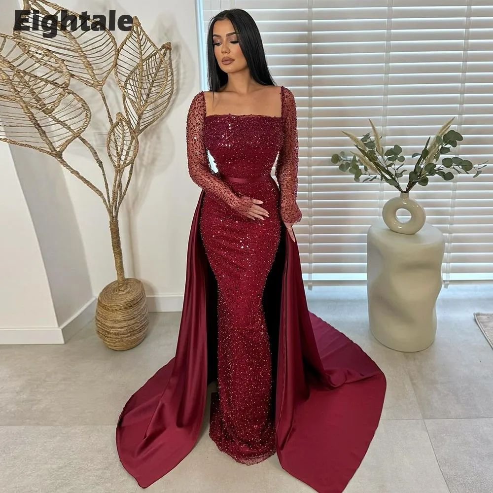Eightale Luxury Evening Dresses with Detachable Skirt Burgundy Sequined Customized Long Sleeves Mermaid Prom Gown Wedding Party