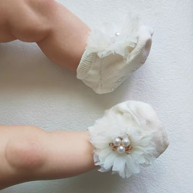 Conjunto de calcetines con diadema para bebé con lazos de perlas, calcetín de algodón antideslizante, banda para el pelo de encaje con flores para recién nacido, turbante, accesorios para el cabello para niña