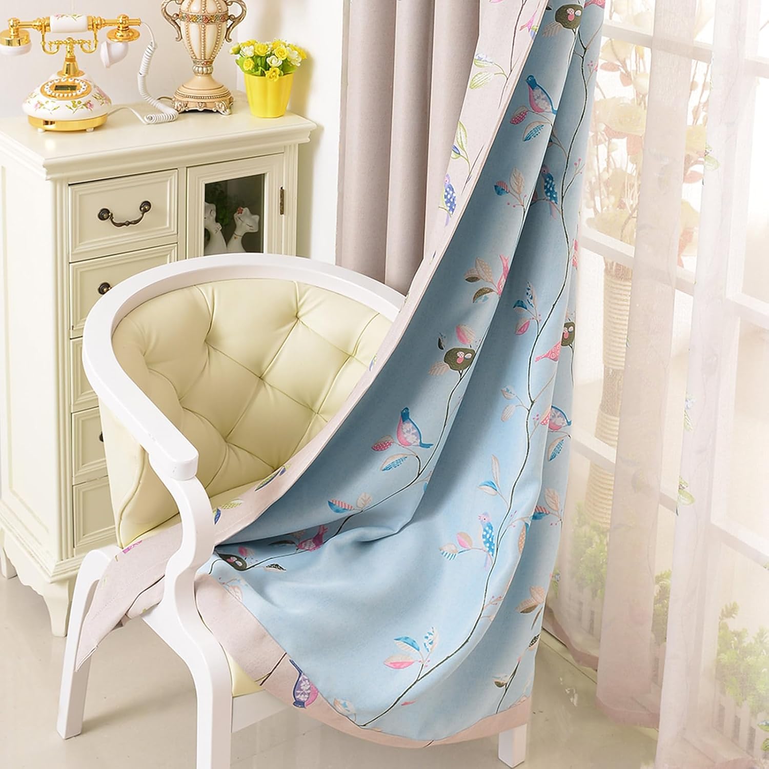 Cortinas opacas con patrón de pájaros de doble cara para sala de estar, estampado floral, vid, granja, oscurecimiento de habitac