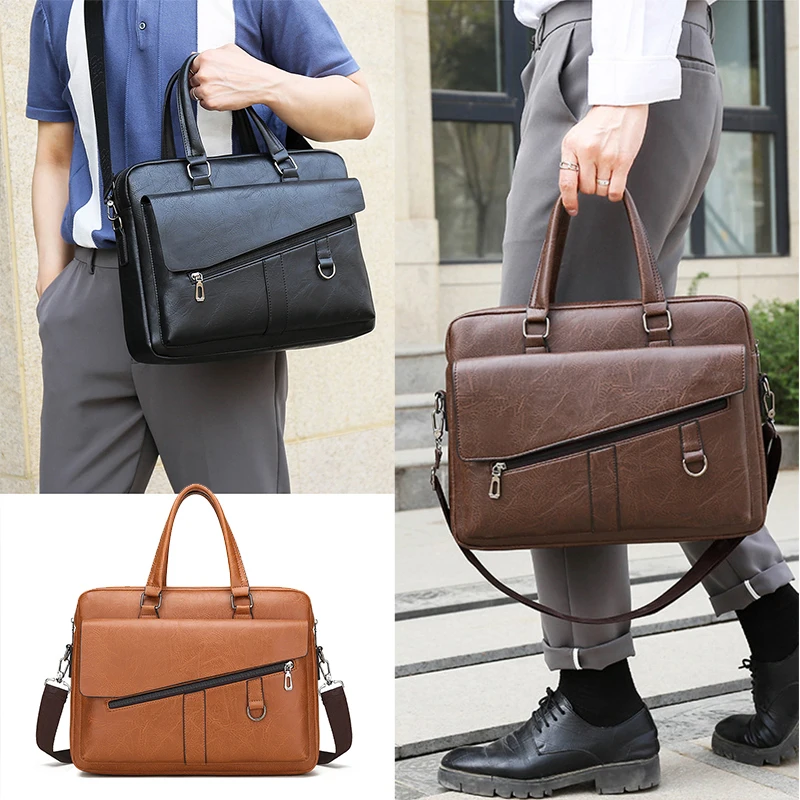 Large Briefcase Bag for Man PU Leather Handbag Computer Laptop Document Shoulder Business Messenger Tote Crossbody Side Bag Male