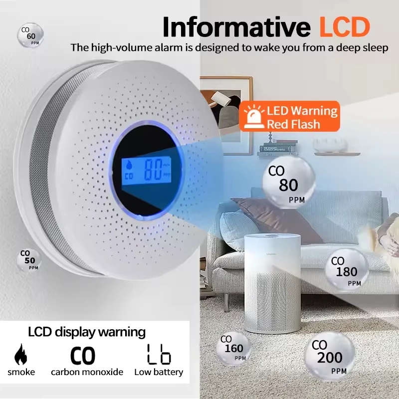 Venda quente inteligente 2 em 1 led de alta sensibilidade digital alarme fumaça gás co detector monóxido carbono aviso voz proteção segurança em casa