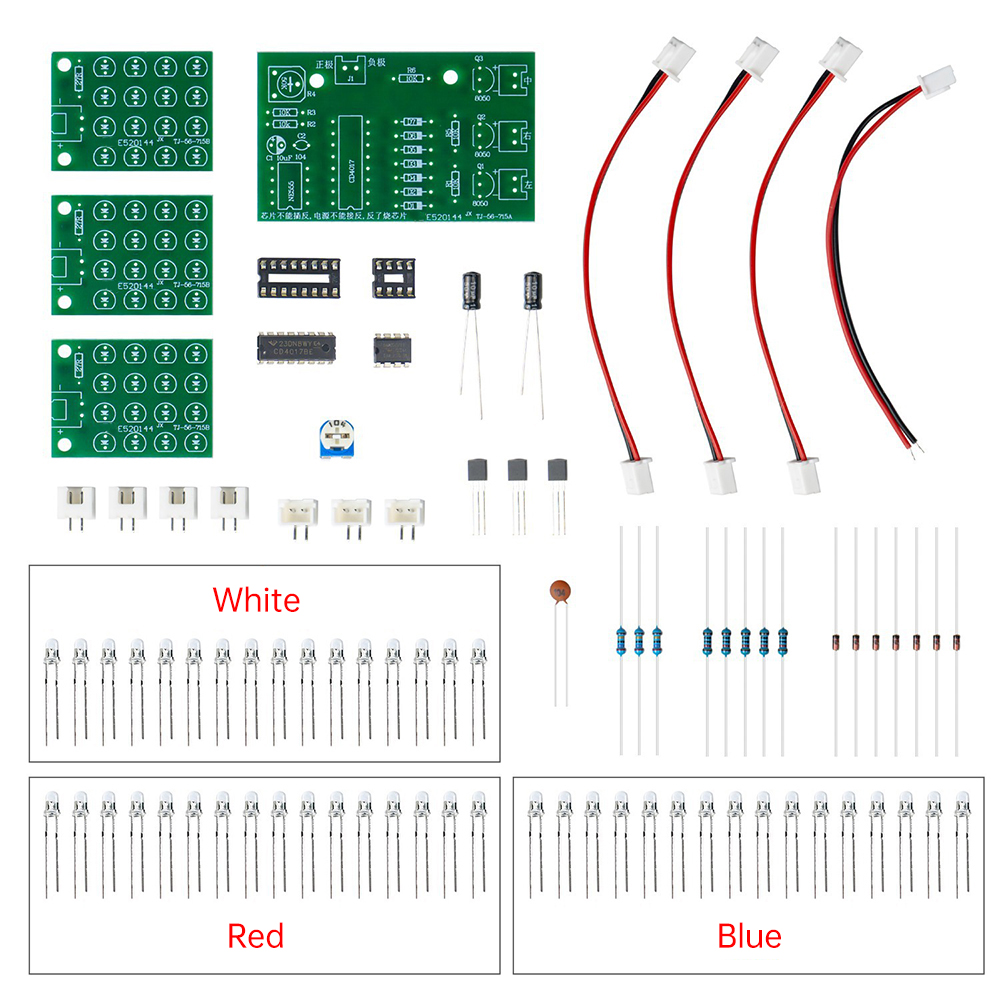 TJ-56-715 CD4017+NE555 Red, White, Blue Three Color LED Flow Light Production Kit DIY Learning Electronic Parts