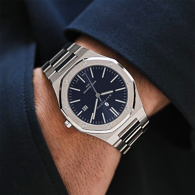 SAPPHERO herenhorloge, roestvrijstalen band, waterbestendig ontwerp, automatische kalender, feestelijke geschenken, prachtige geschenkdoosklok