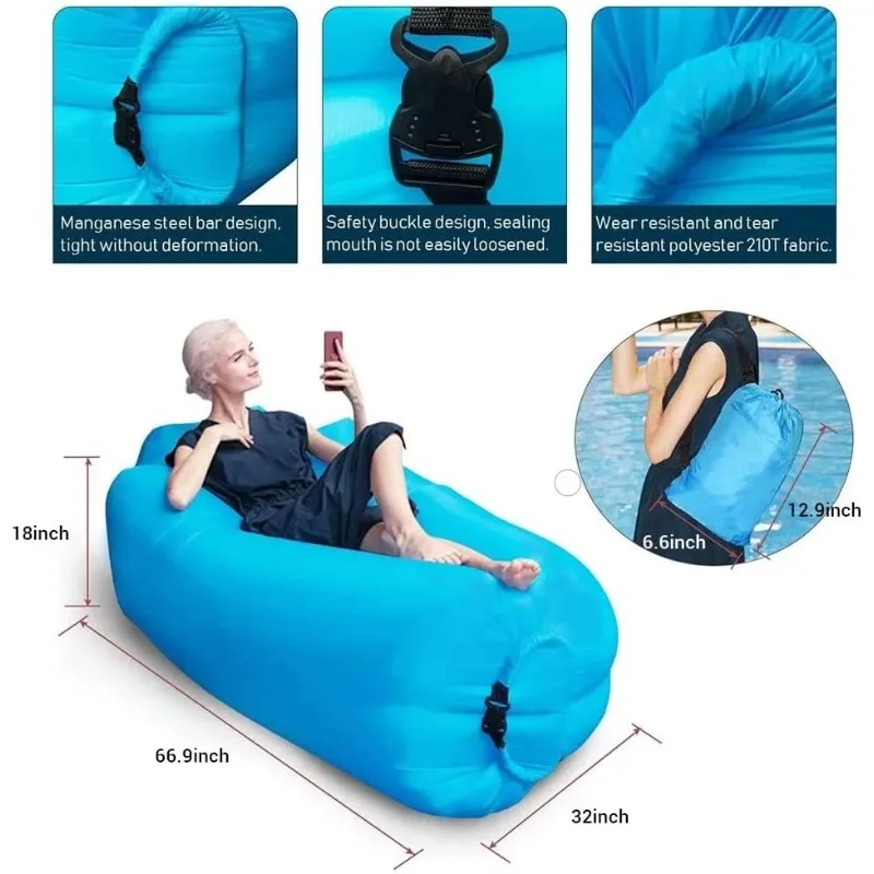 saco de assento de ar, sofá de ar de 200 * 70 cm para acampamento ao ar livre, cadeira inflável, sofá inflável, com embalagem portátil, azul.