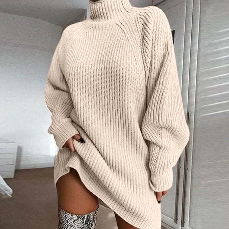 Frauen Einfarbig Lose Gestrickte Kleid 2023 Herbst Winter Neue Kleid Pullover Frauen Langarm Rollkragen Pullover Kleid Pullover