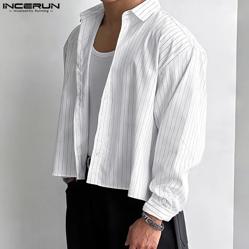 INCERUN Tops 2025 estilo coreano camisa recortada a rayas simples informal para hombre ropa de calle de moda Blusa de manga larga superventas para hombre