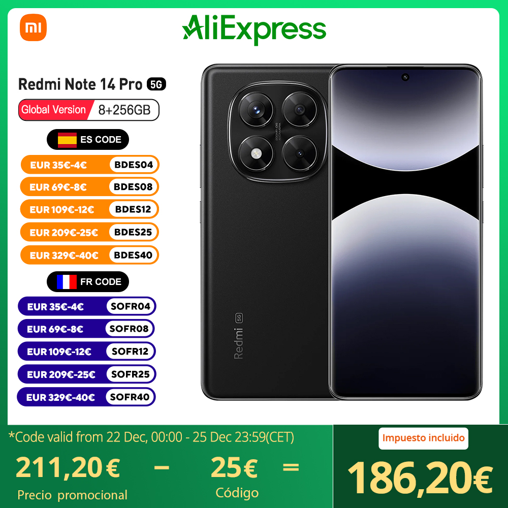 Xiaomi Redmi Note 14 Pro 5G Versión Europea 256GB/512GB MTK Dimensity 7300-Ultra Pantalla AMOLED 6,67" 120Hz, 200MP, IP68, NFC