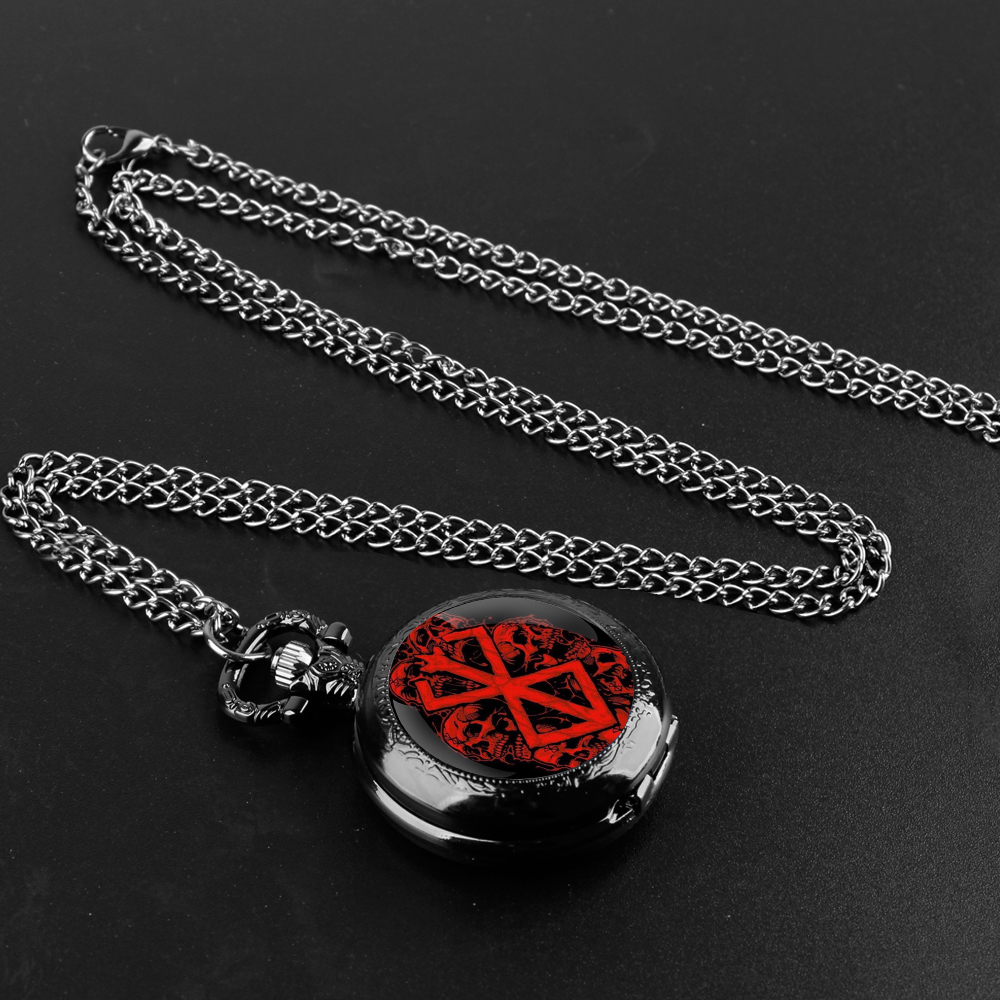 Creative ‌Berserk Glass Dome Quartz Pocket Watch with Necklace Chain Pendant Gift for Male Men Vintage Clock