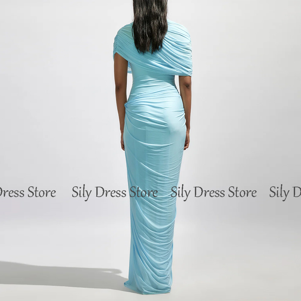 Sky Blue Evening Dresses 2025 Spandex Sheath/Column Prom Dress High Collar Pleat Cap Sleeve Valentine's Day Long Gown