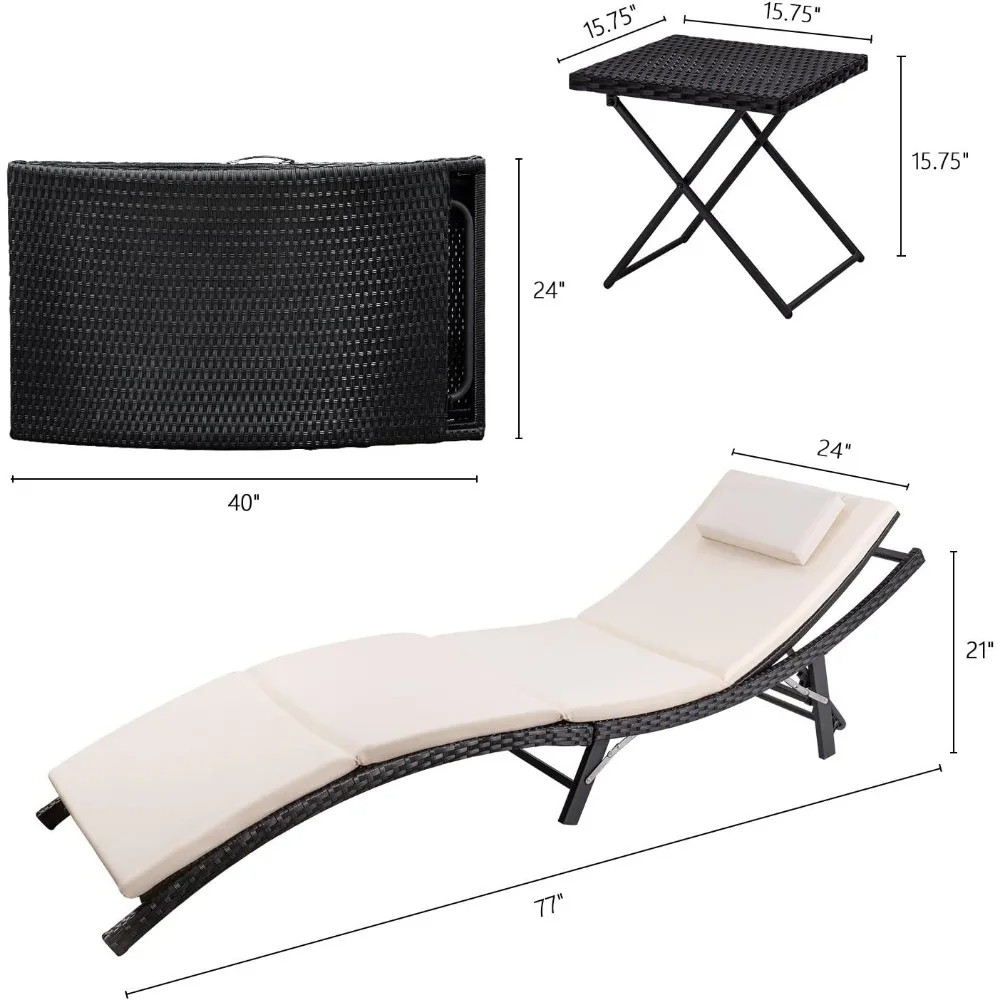Patio Chaise Lounge Sets Outdoor Rattan Adjustable Back Cushioned Patio Folding Chaise Lounge with Folding Table