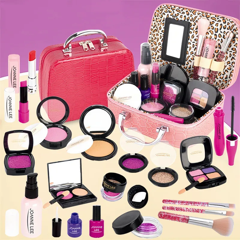 เด็กแกล้งเล่นแต่งหน้าชุดปลอม Make Up Kit พร้อมกระเป๋าเครื่องสําอางสําหรับสาวน้อยของขวัญวันเกิดเด็กเล่นเครื่องสําอางของเล่น