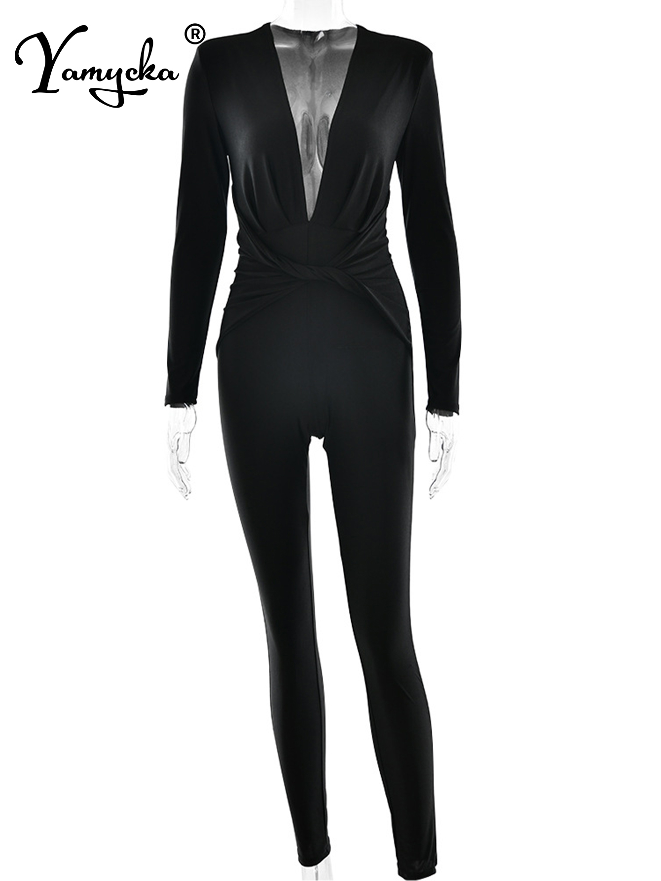 Сексуальный черный атласный облегающий комбинезон, женские брюки, летний цельный комбинезон, женский элегантный комбинезон с длинными рукавами, клубные наряды