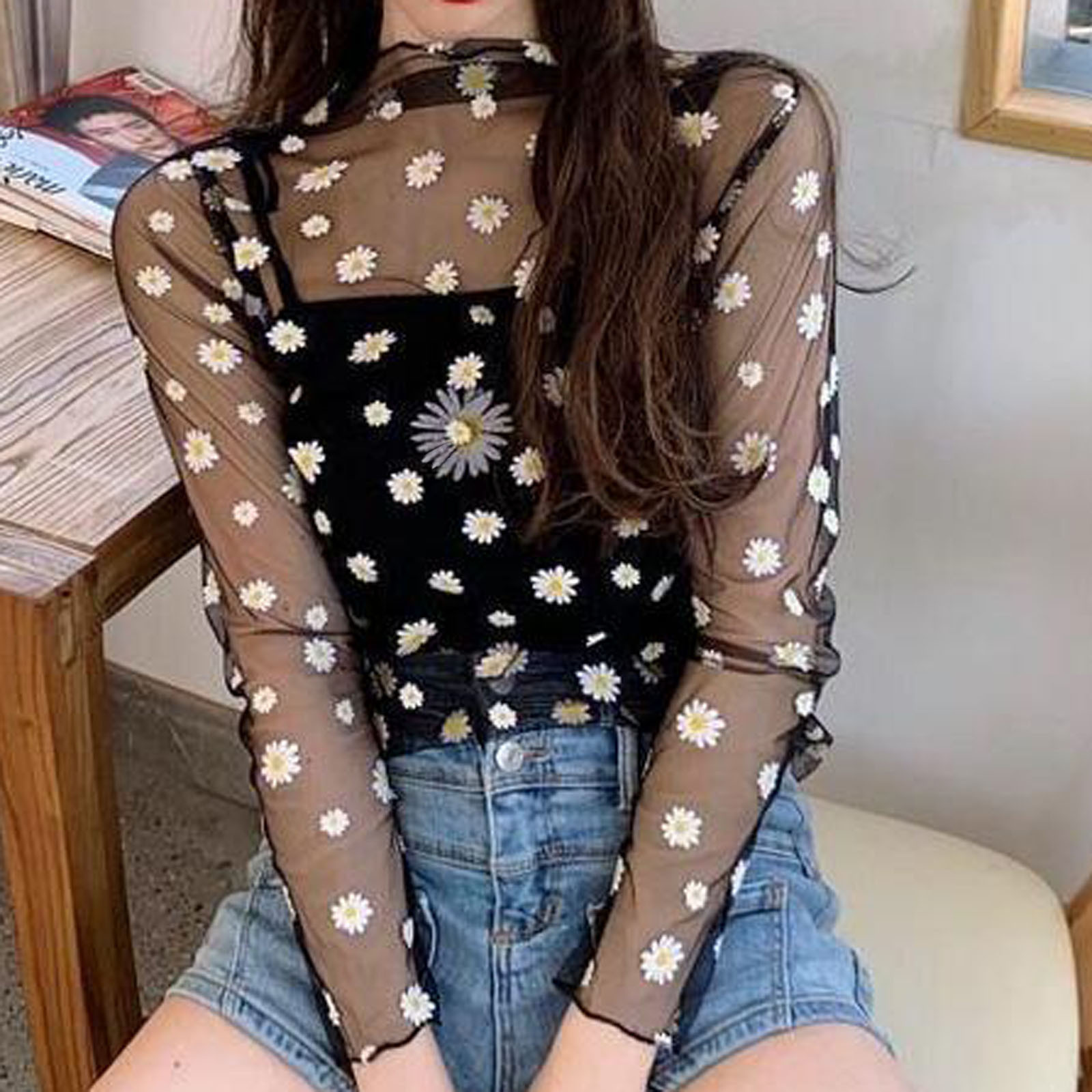 女性用デイジー柄のレースブラウス,セクシー,長袖,ファインメッシュシャツ,レディースファッション,サマーブラウス,2023