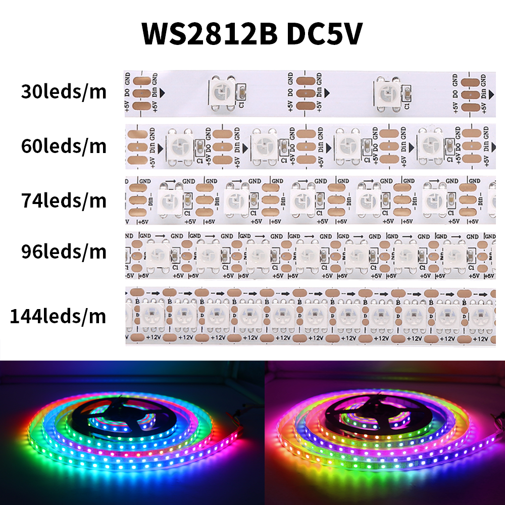 5050 RGB светодиодная лента Адресный DC 5 В 3-контактный WS2812B IC 30 светодиодов/M 60 светодиодов/M IP30 IP65 Лампа Водонепроницаемая лента Светодиодный чип 5M Цифровой