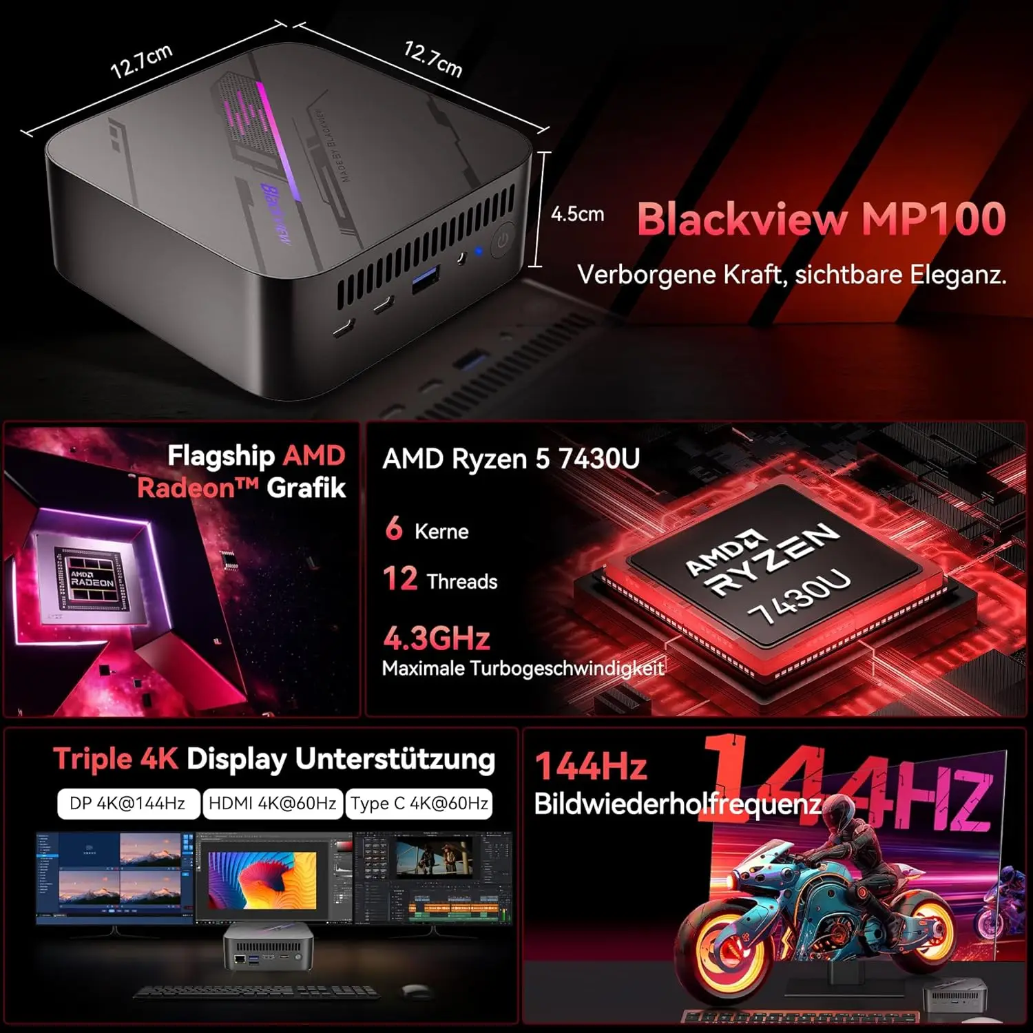 Blackview MP100 Mini PC AMD Ryzen 5 7430U 16 GB/32 GB RAM 512 GB/1 TB SSD, mini computer con WiFi 6/BT 5.2/4 K triplo display