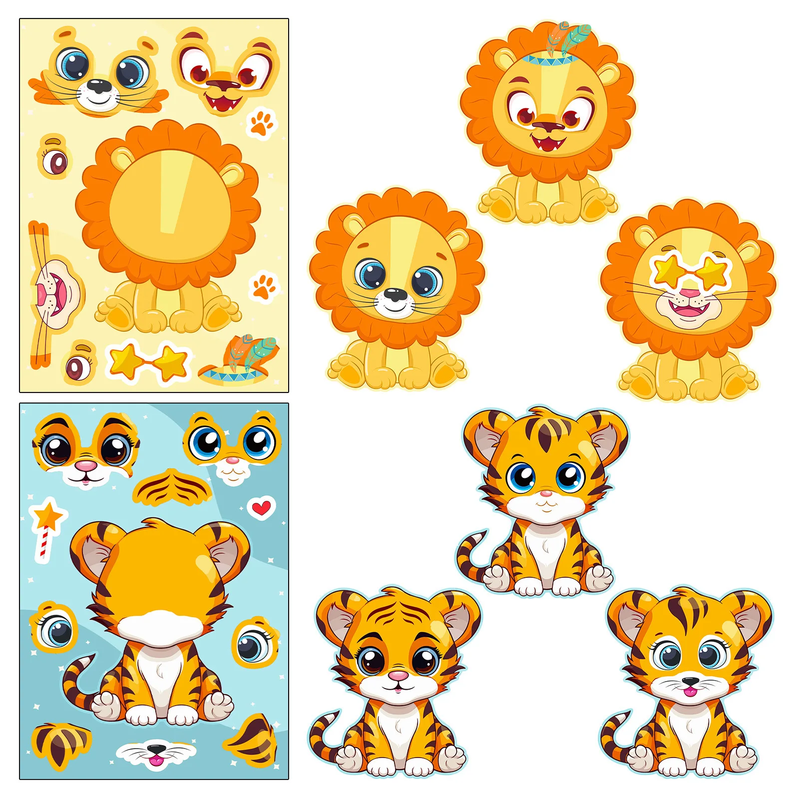 6 แผ่นน่ารักการ์ตูน DIY สติกเกอร์ปริศนาเกมสัตว์ Make A Face ตลกประกอบสติกเกอร์ตกแต่ง