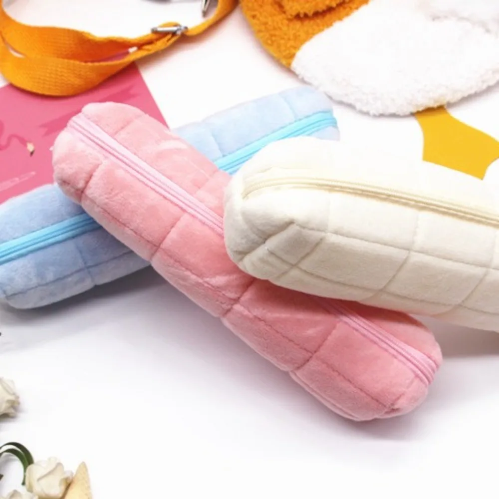 Plush Lattice Pencil Bag Portable Simple Pencil Case with Zipper Large Capacity Stationery Storage Box School Supplies