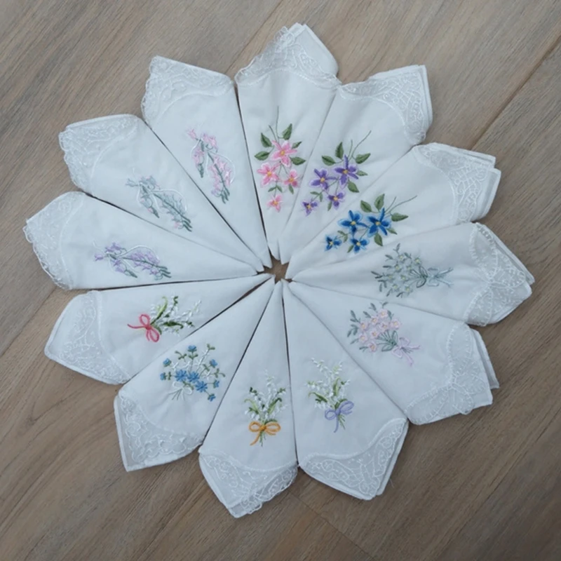 Lenço de algodão quadrado bordado macio 28 cm estilo floral rendado com debrum