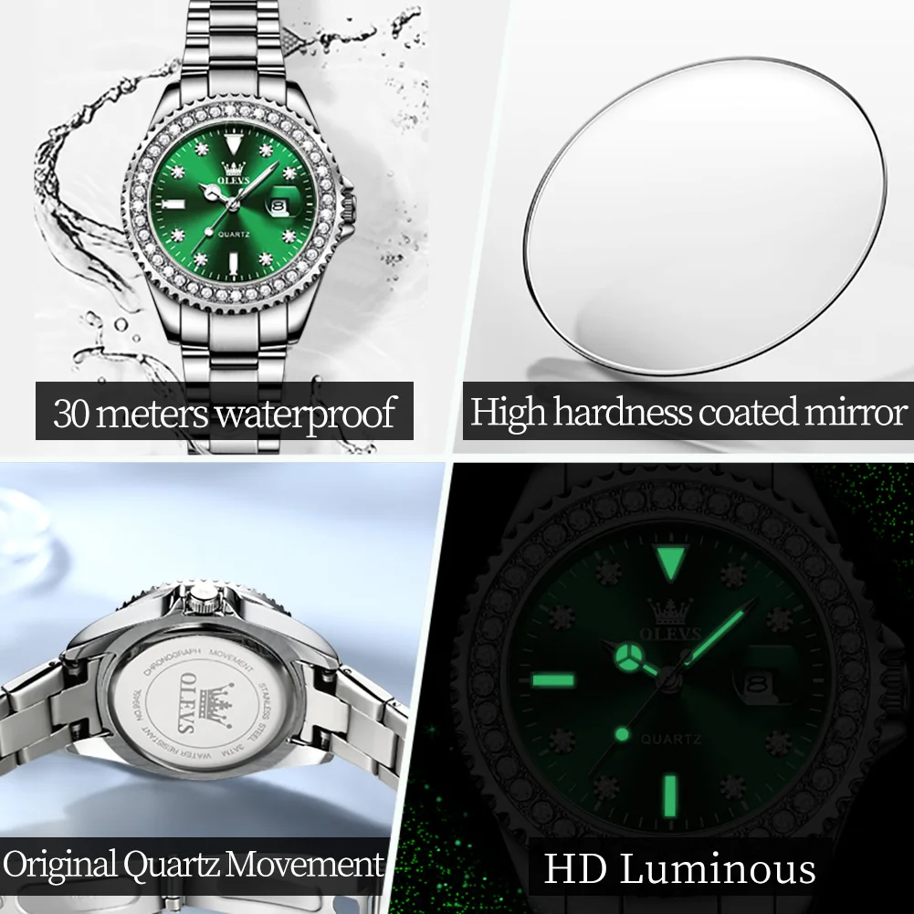 OLEVS Original reloj de cuarzo con esfera de diamante para mujer, relojes de moda para mujer, reloj de pulsera luminoso resistente al agua de acero inoxidable para mujer