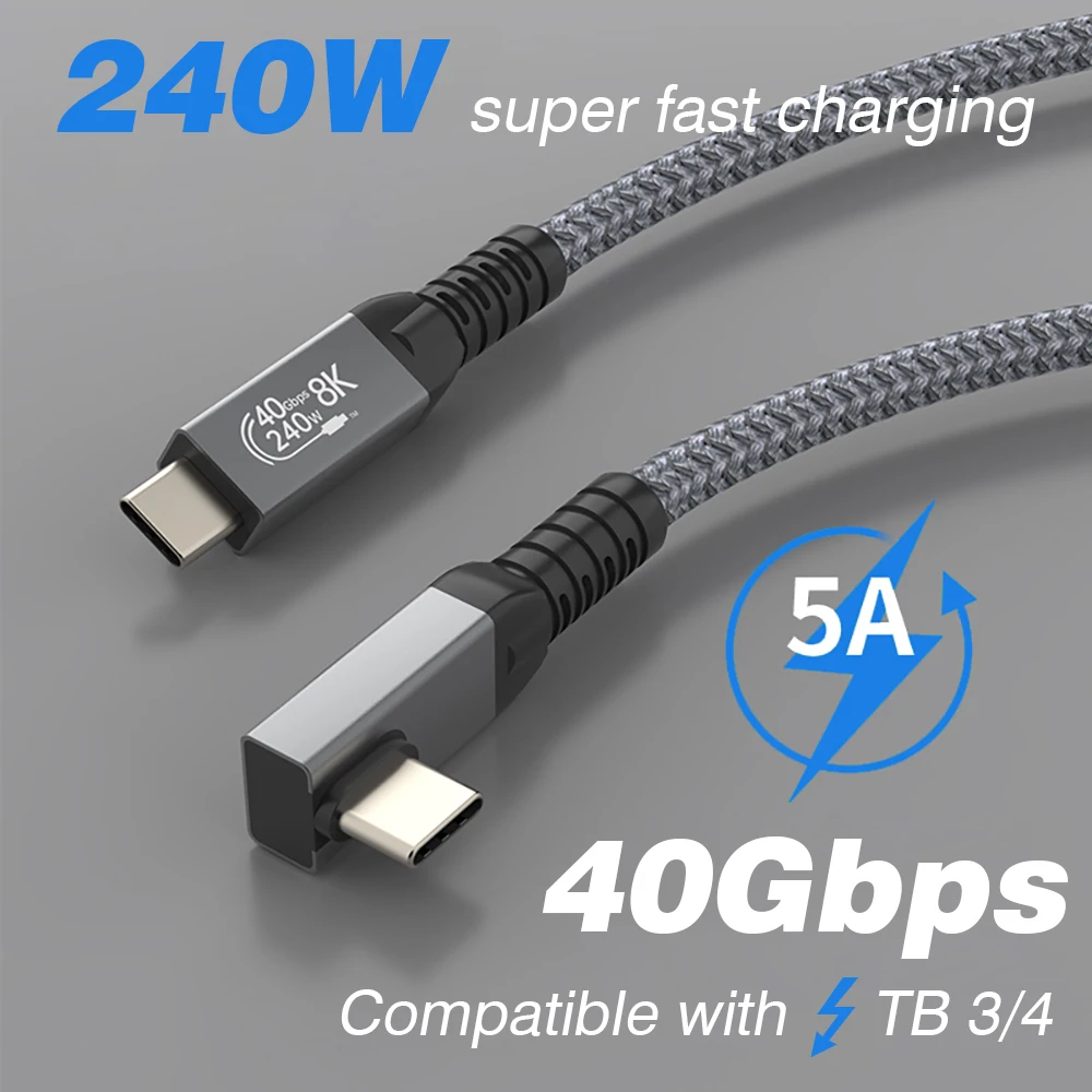Thunderbolt USB 4 Cable de ángulo de 90 grados 40Gbps USB4 codo tipo C Thunderbolt3 4 Cable de transferencia de datos USB C PD240W carga rápida