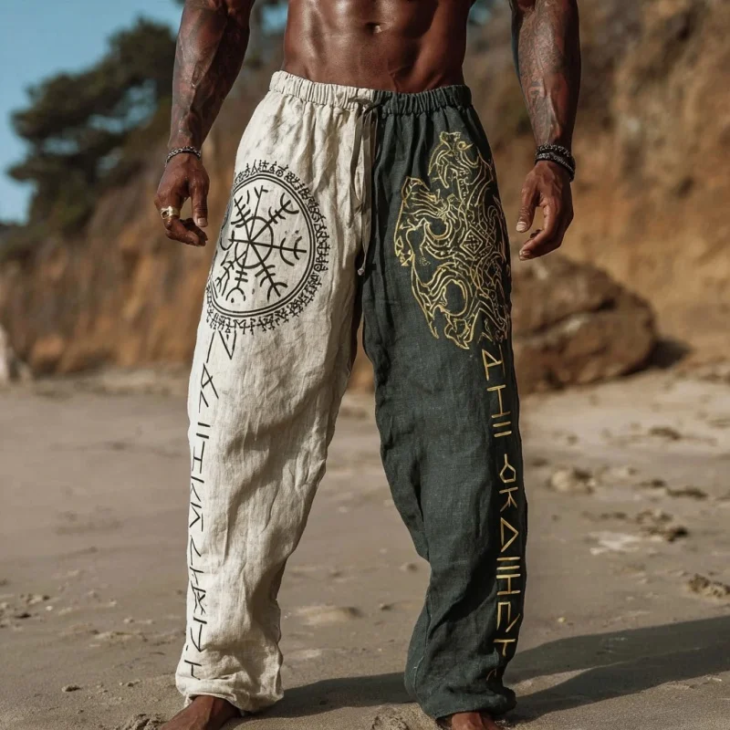 Men's Viking Retro Nordic Totem Two tone 3D Printed Casual Pants Drawstring Straight Leg Pants Summer Beach Pants