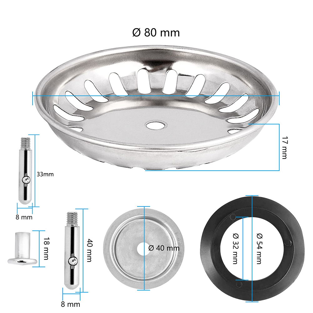 Filtro de pia de aço inoxidável, Waste Plug, Substituição Basin Drain Filter, Premium Kitchen, 2 Tamanhos Fixing Pin, 80mm, 82mm, 84mm, 1 Pc