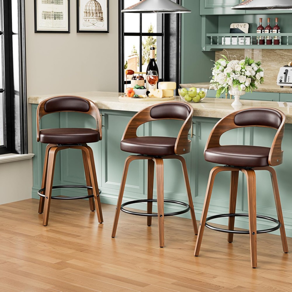 Bar Stools Set of 3, 26" Counter Height Barstools with Bentwood Legs, Swivel Counter Stools with Back, Mid Century Modern Faux L