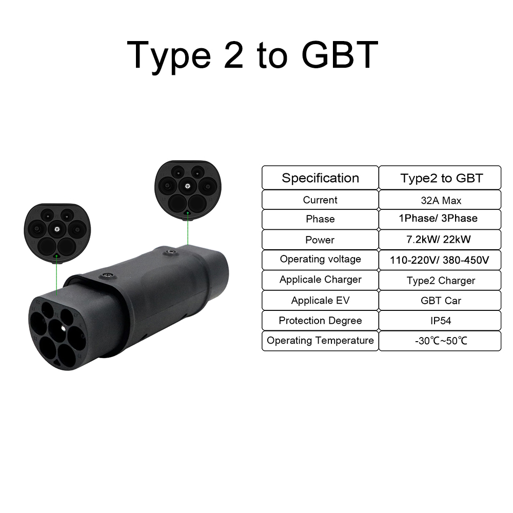 Teschev 32A Type1 a Type2 EV Adaptador de cargador Type2 a GBT Conector de vehículo eléctrico Type2 a Type1 Conventor EVSE