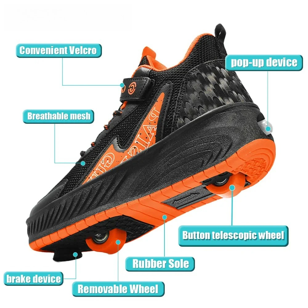 Chaussures de patins à roulettes à double usage à 2 roues pour garçons et filles, chaussures de sport d'extérieur à roulettes avec baskets de vitesse