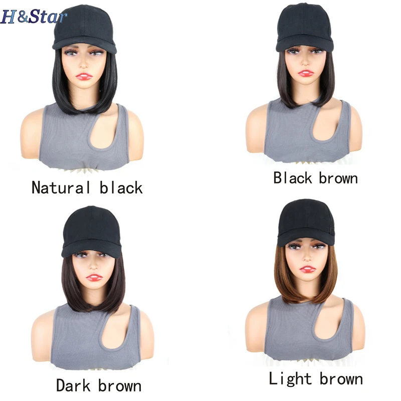 H&STAR Peruca curta reta sintética, fibra resistente ao calor, elegante, chapéu de beisebol para meninas, com cabelo natural, boné de pico
