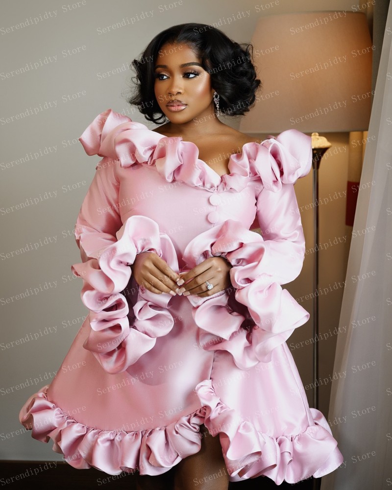 Light Pink Off Shoulder Long Sleeve Mini Length Party Dress Ruffled Open Back A-line Cocktail Dresses With Buttons Custom Made