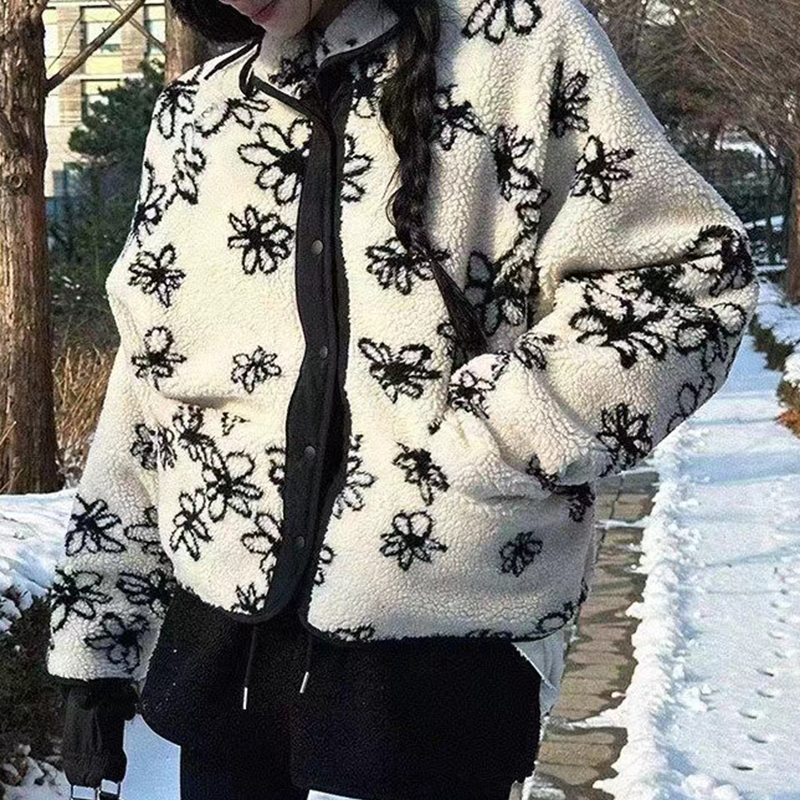 Chic Autumn Winter Vintage Reversible Stand Collar Long Sleeve Lamb Velvet Cotton Jacket Floral Embroidery Versatile Outerwear