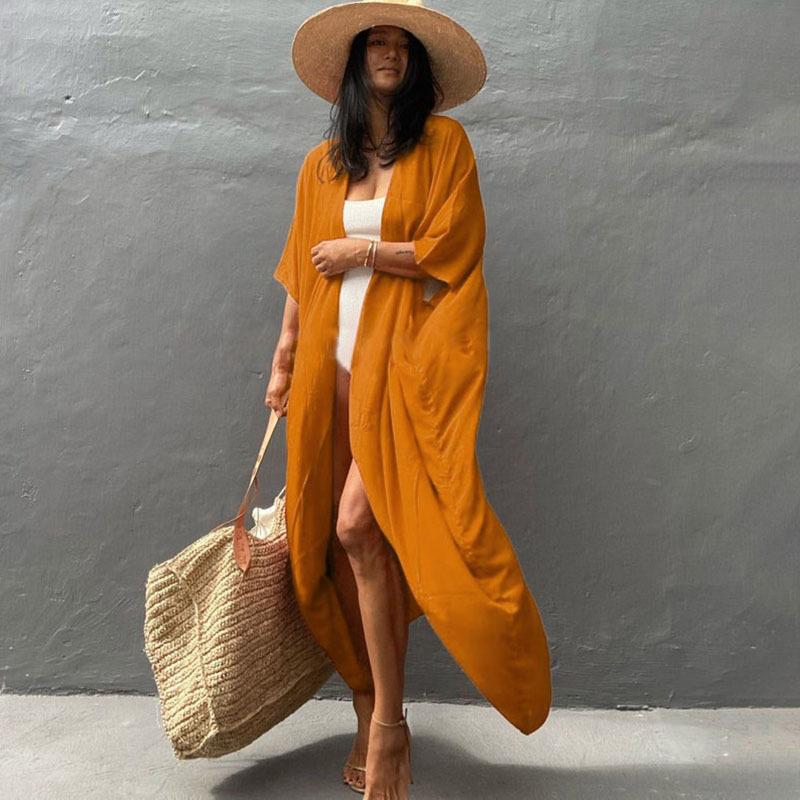 WeHello-Kimono de plage pour femmes, Cape de maillot de bain d'été, robes tuniques bohème solides, maillots de bain, Cardigan, châle
