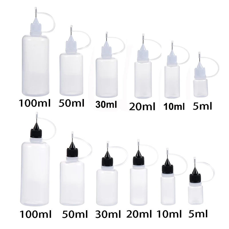 Garrafas plásticas com agulha espremível, 5 peças 3ml-120ml conta-gotas líquido para os olhos amostra gota pode ser cola aplicador de tinta recipientes recarregáveis