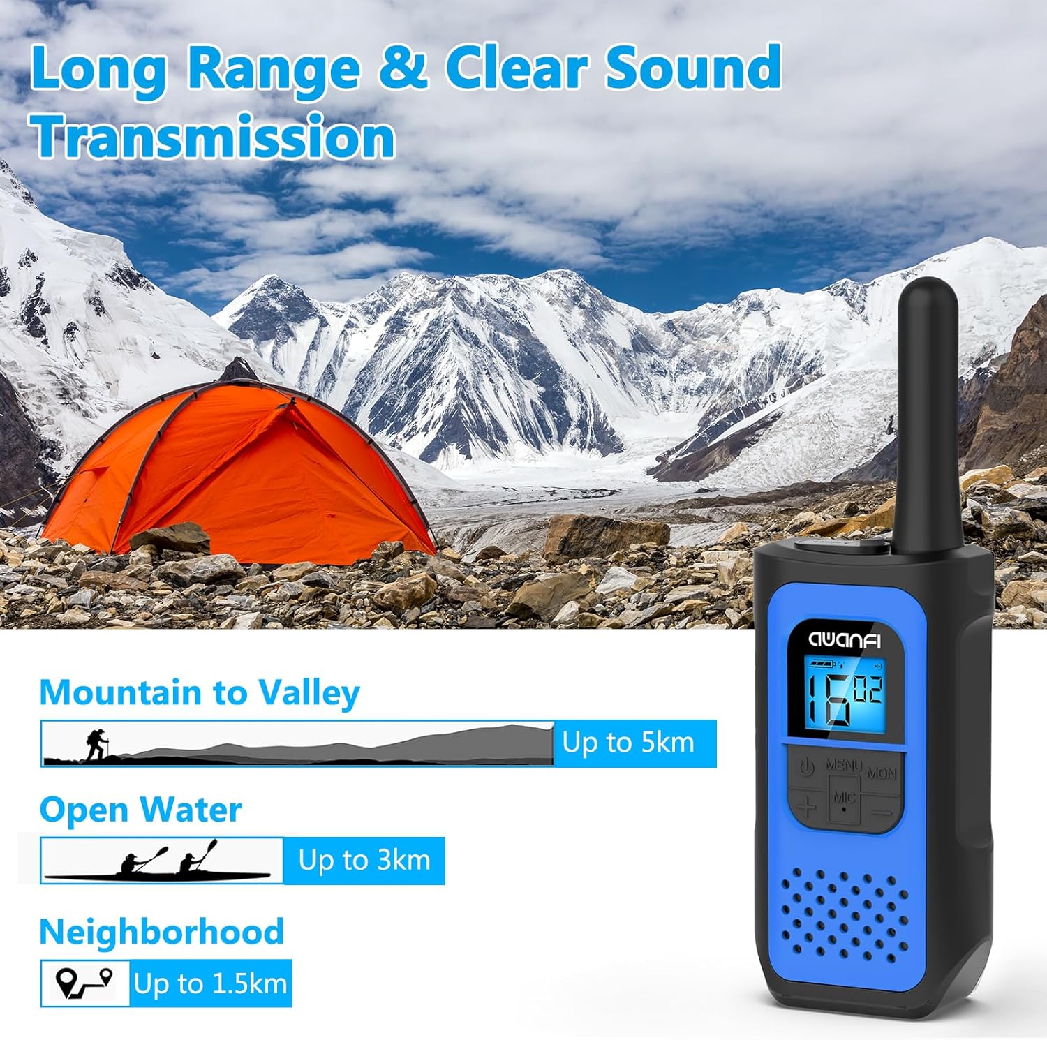 AWANFI Walkie Talkie Confezione da 3 ricaricabili con batteria agli ioni di litio da 1200 mAh per bambini, Walky Talky per regalo di avventura in campeggio