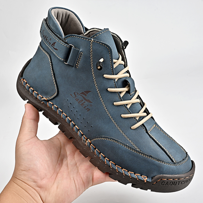 Botas de cuero hechas a mano para hombre, zapatillas de deporte de diseño, zapatos de cuero informales transpirables, botines para hombre, barcos al aire libre, otoño 2024