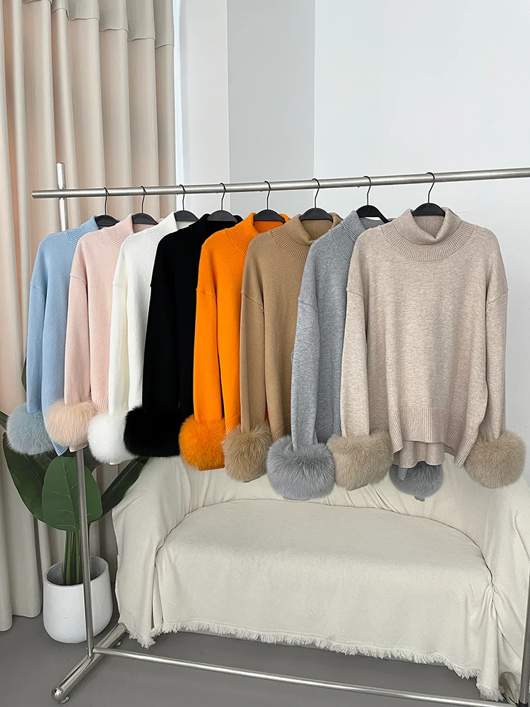 Furyurself 2025 pulôveres de lã femininos oversized real pele de raposa punhos camisola elegante senhora do escritório roupas soltas gola alta jumper