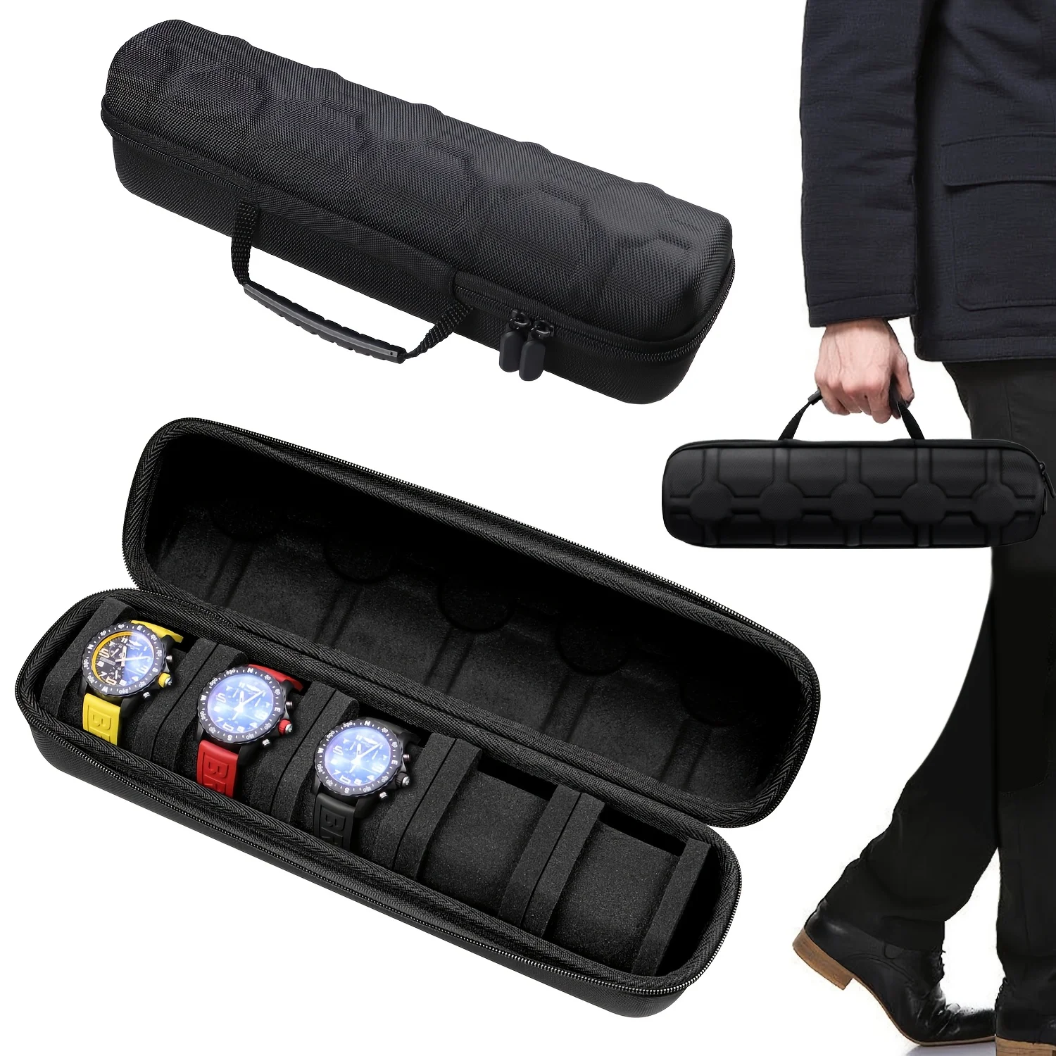 1 ชิ้น 5 ช่องนาฬิกากรณี |   Hard Shell Travel Organizer พร้อมหมอน - Gift Ready (สีดํา) เหมาะสําหรับจัดเก็บนาฬิกาอัจฉริยะ