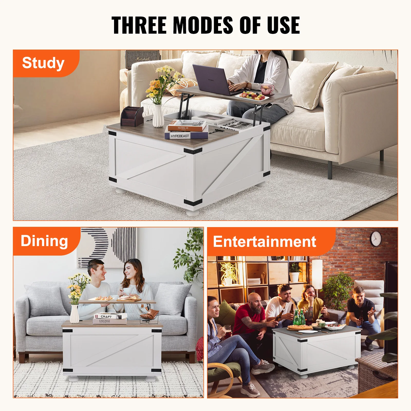 SucceBuy Mesa de centro de fazenda de 31,5 polegadas com dobradiça e elevador, mesa quadrada de café com compartimento de armazenamento para sala de estar, quarto, estúdio