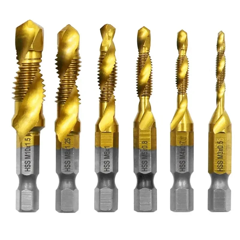 Hexagonal Drill and Tap Integrated Tap Machine with Hole Chamfer Tool, 6pc High Speed Steel M3-M10 Titanium Plated Composite Tap