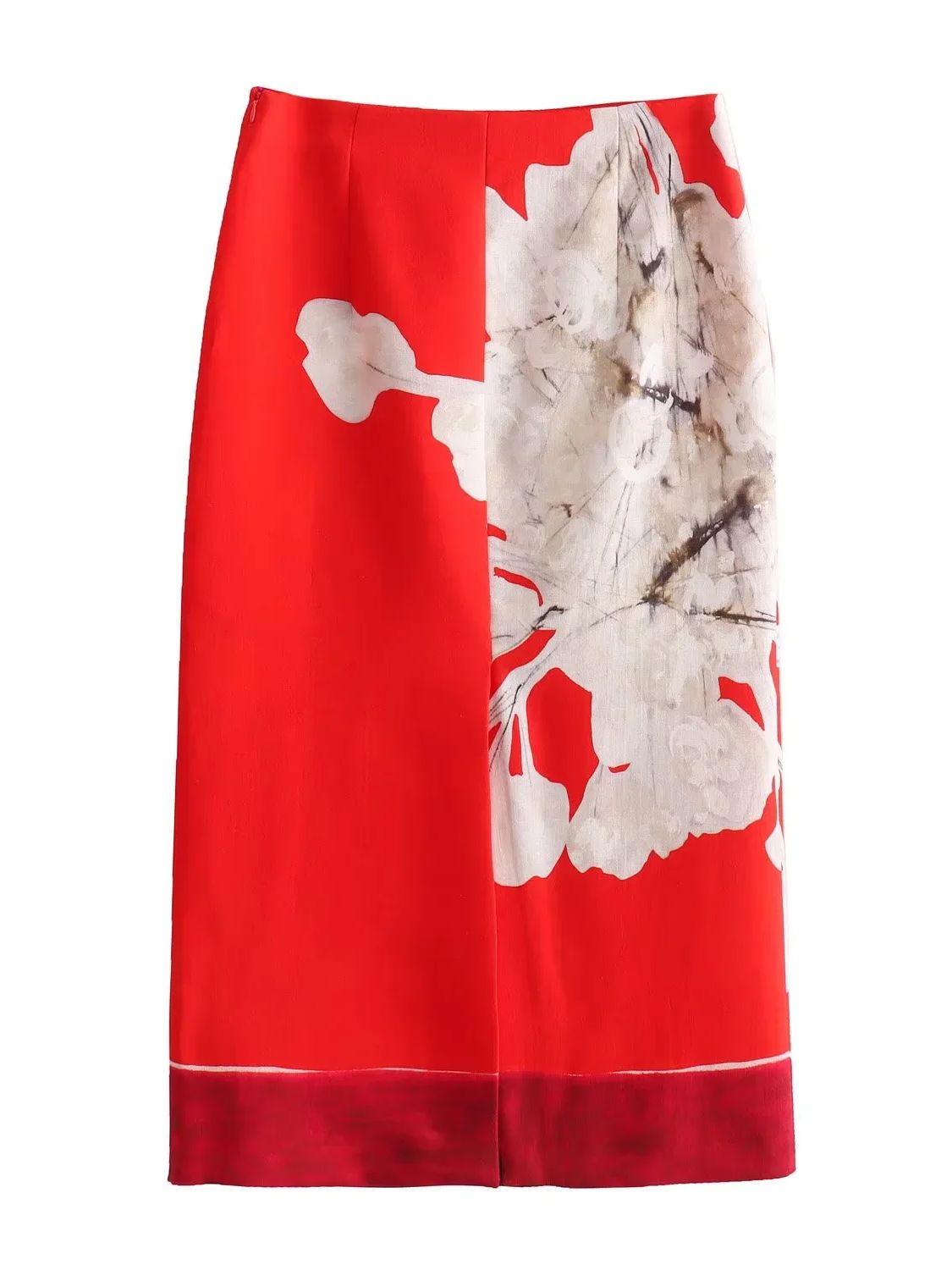 XNWMNZ Falda de tubo de mezcla de lino 2024 a la moda para mujer, cintura alta, cremallera, estampado floral contrastante, dobladillo con abertura, falda Midi femenina