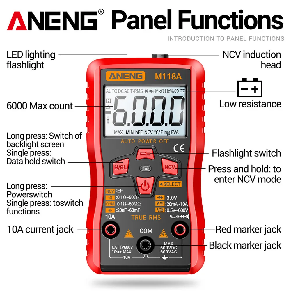 ANENG M118A Mini multímetro Digital probador 6000 recuentos medidor de Tranistor de valores eficaces verdaderos automático con linterna de retención de datos NCV