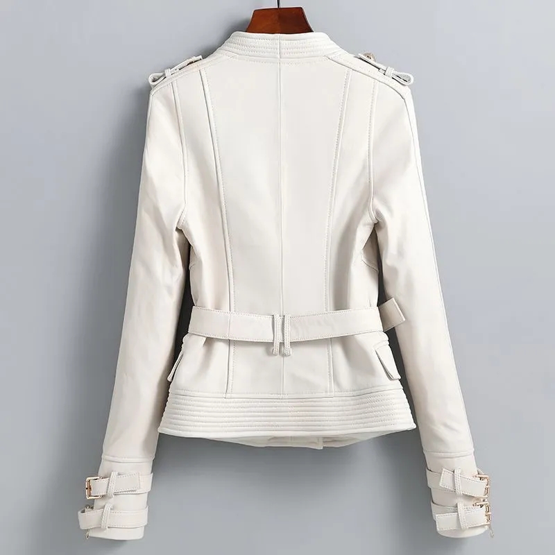 100% echtes Leder Frauen Importiert Schaffell Jacken Mode V-ausschnitt Diagonal Zipper Weibliche Dünne Gürtel Kurze Weiße Lammfell Jacken