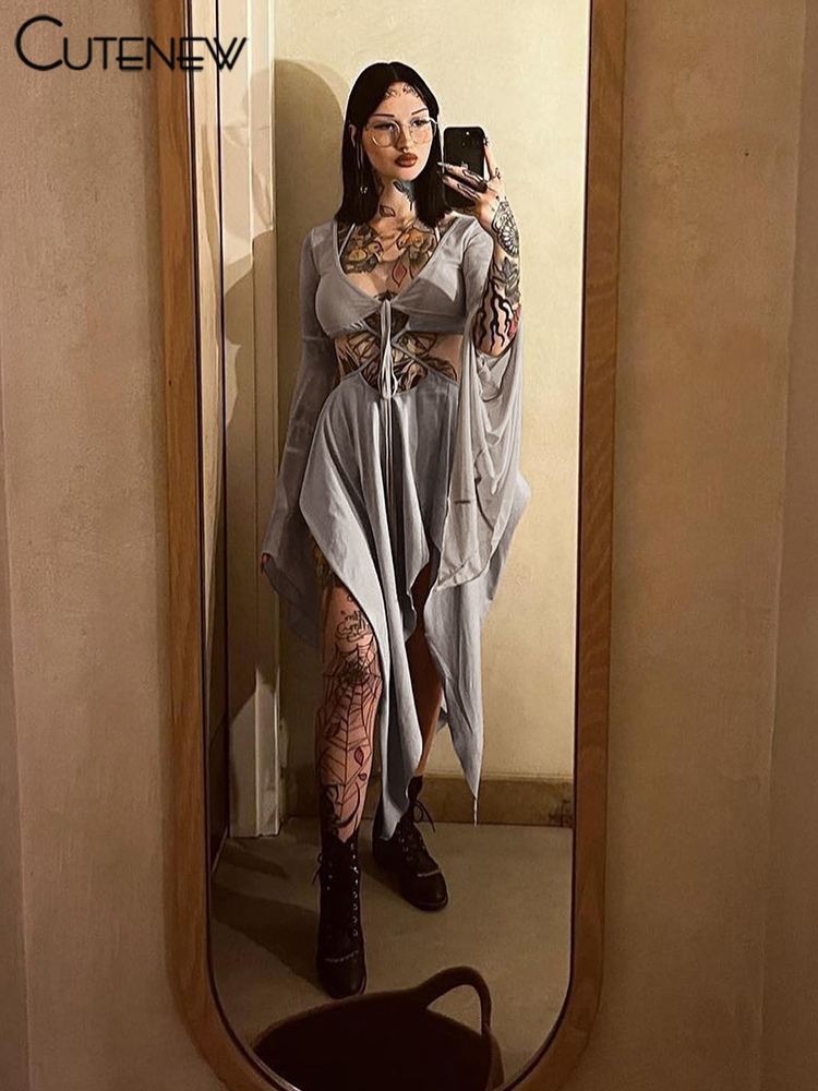 Cutenew 女性のメッシュ 2 点セットセクシーな長袖レースアップアウタートップ + ホルタースキニー中空アウトレディドレススーツ新しい衣装