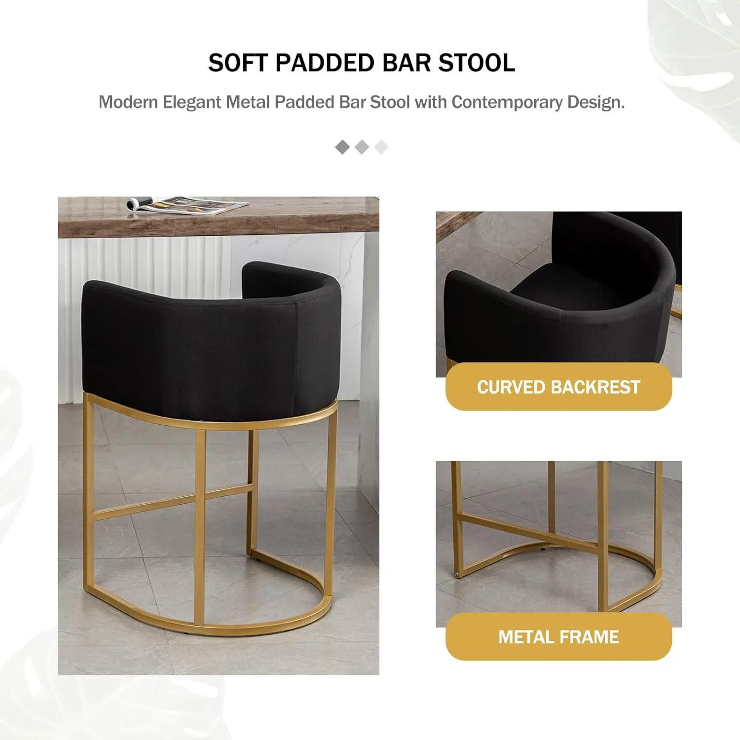 25" Gold Bar Stools Set of 4, Modern Barrel Bar Stool with Back, Counter Height Bar Stools for Kitchen Island, Pub, Club (Black)