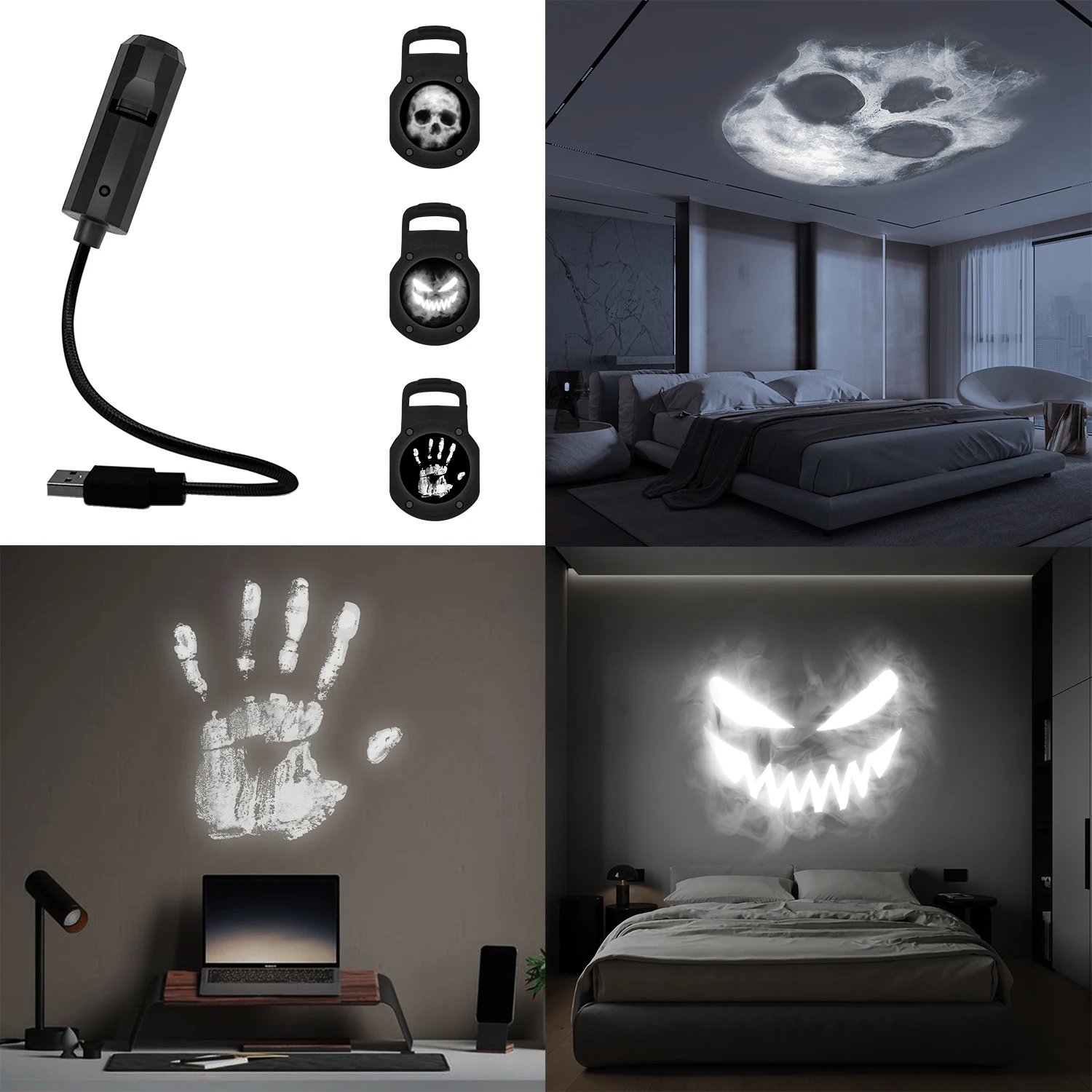 Lâmpada de projeção de caveira, design de padrão comutável 1 + 3, luz noturna LED, adequada para decoração de teto de parede de quarto, presente de Halloween