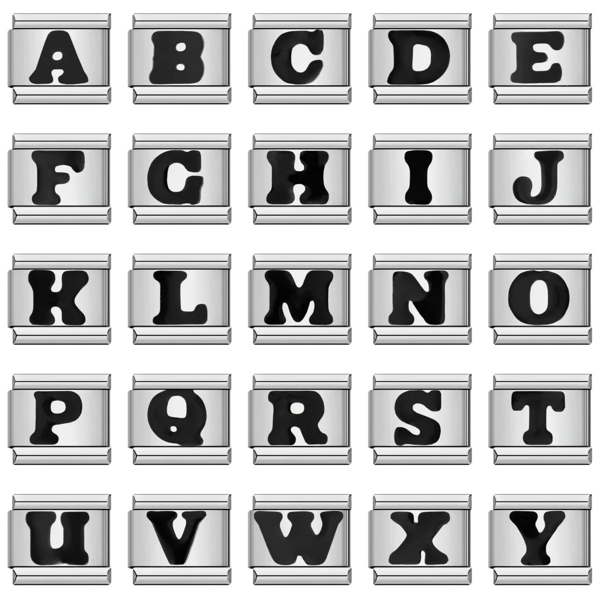 Esmalte negro 26 letras de A-Z en inglés, eslabones italianos, abalorio apto para pulsera de acero inoxidable de 9mm para hombres y mujeres, fabricación DIY de joyería 2025
