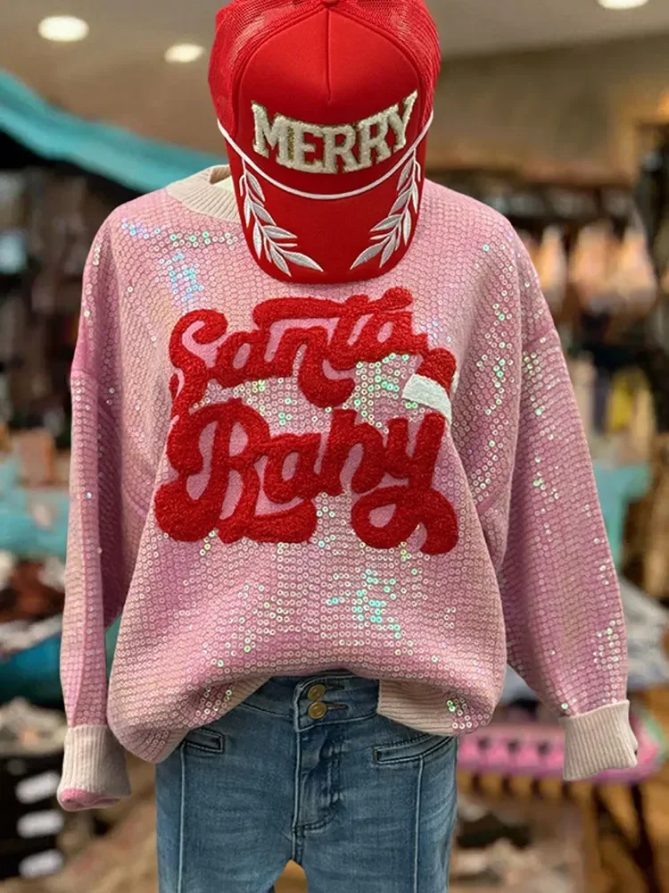 Moletom com lantejoulas do bebê do Papai Noel moletons de Natal