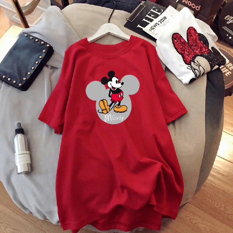 Camiseta de moda con estampado de Mickey Mouse para mujer, camiseta holgada de manga corta de verano con dibujos animados de sección delgada de talla grande, camiseta de media manga