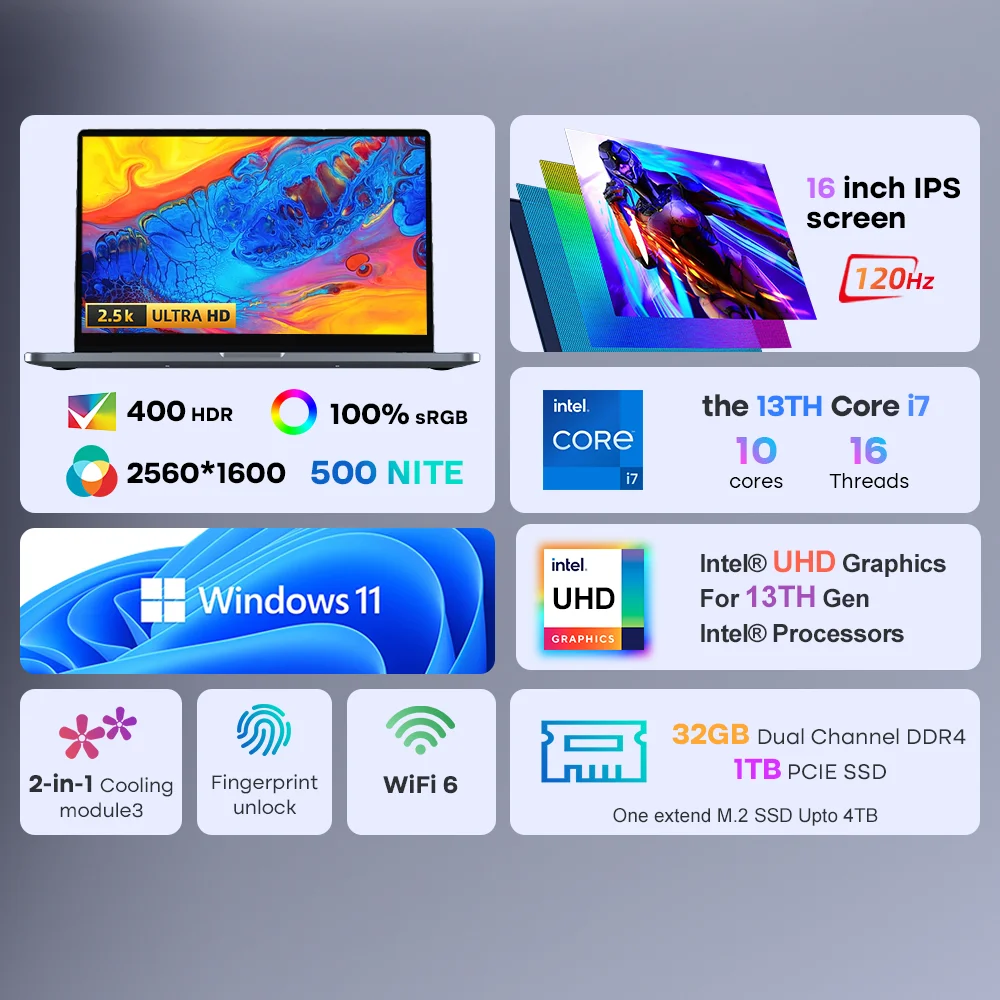 Laptop 16 Zoll 2,5K 120 Hz Intel Core i7-13620H WiFi 6 32 GB RAM 1 TB SSD Laptop Windows 11 Pro Notebook Bürocomputer
